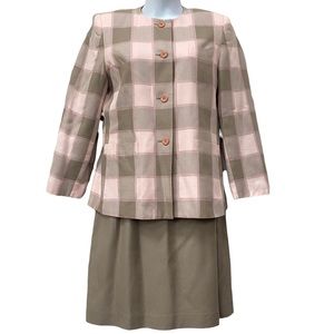 Vintage Pastel Pink Khaki Brown 2 piece Blazer and midi Skirt Set size 14